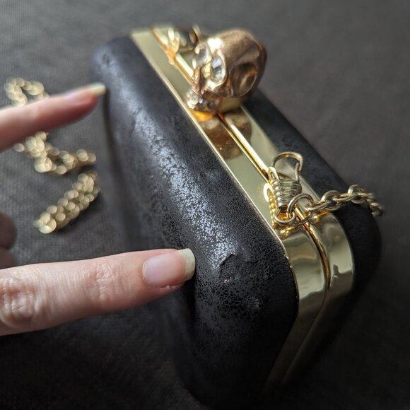 Small Black Hardside Purse with Skull and Rhinestone Closure and Chain Strap - Picture 4 of 13